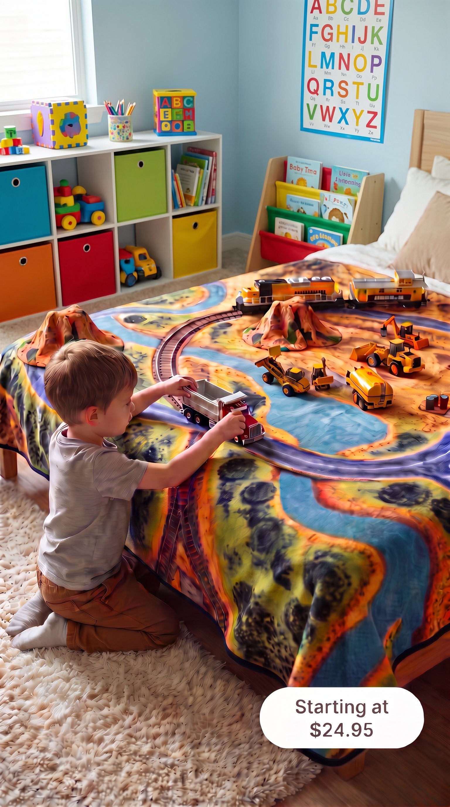   A child playing on his bed underneath  his 3D playscape blanketpal.