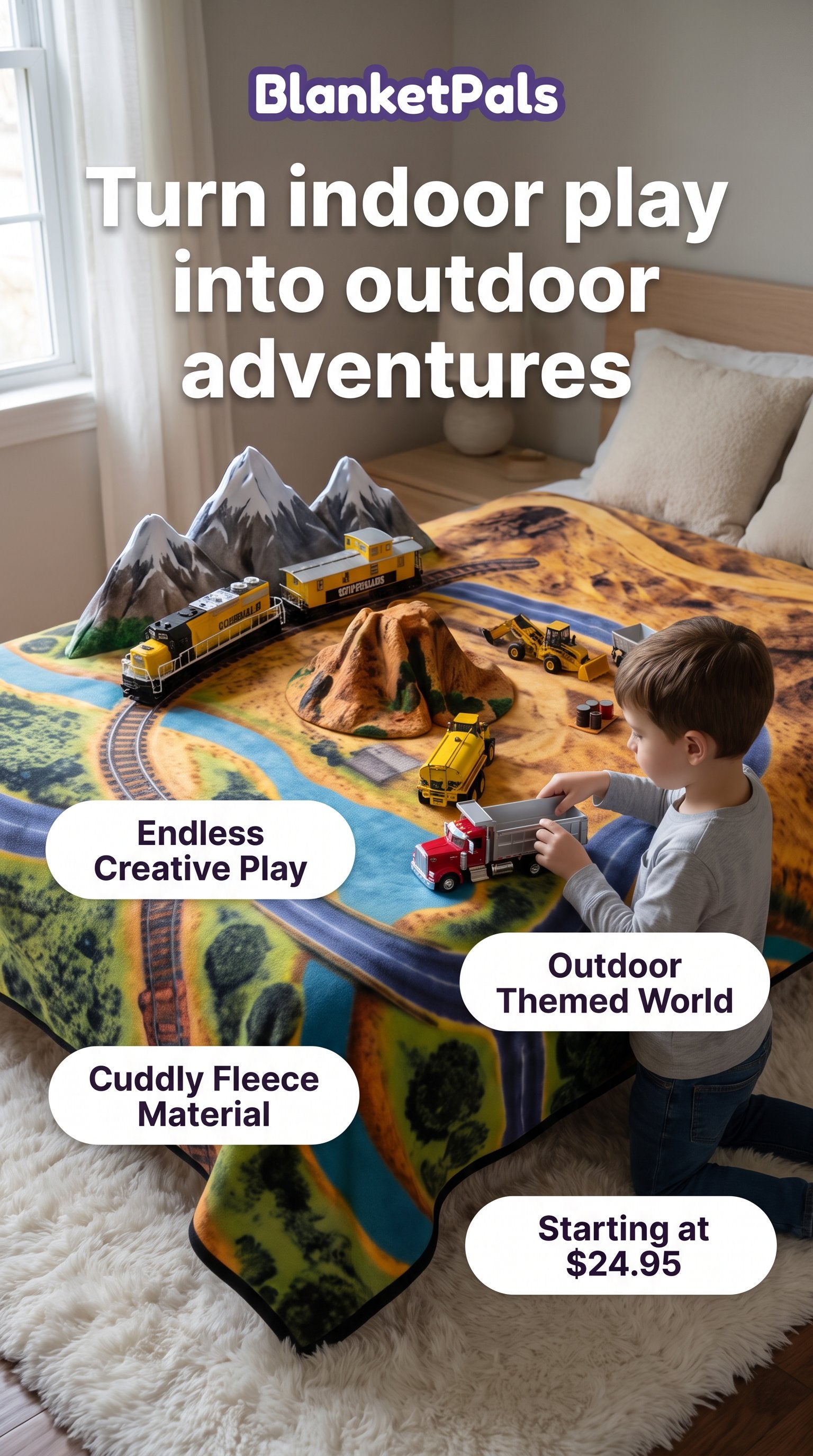   A child playing on his bed underneath  his 3D playscape blanketpal.