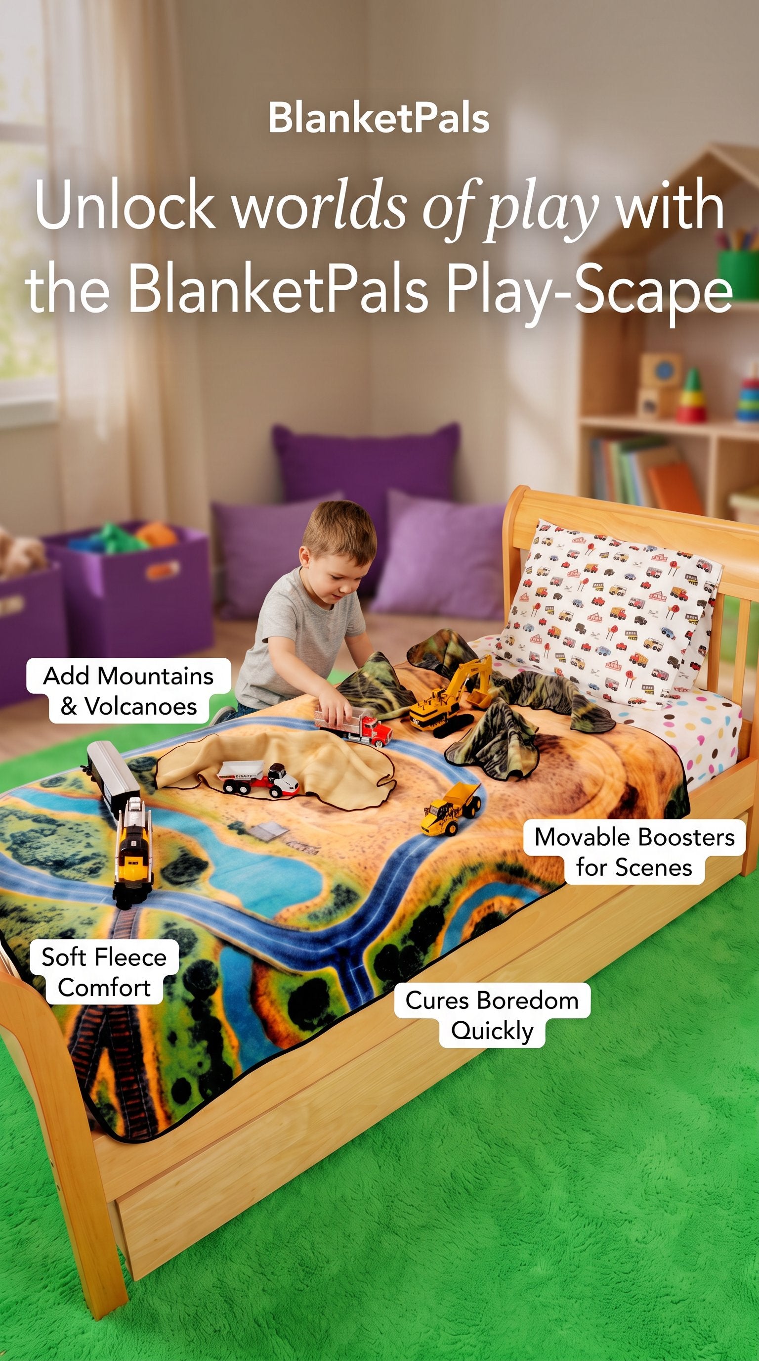   A child playing on his bed underneath  his 3D playscape blanketpal.